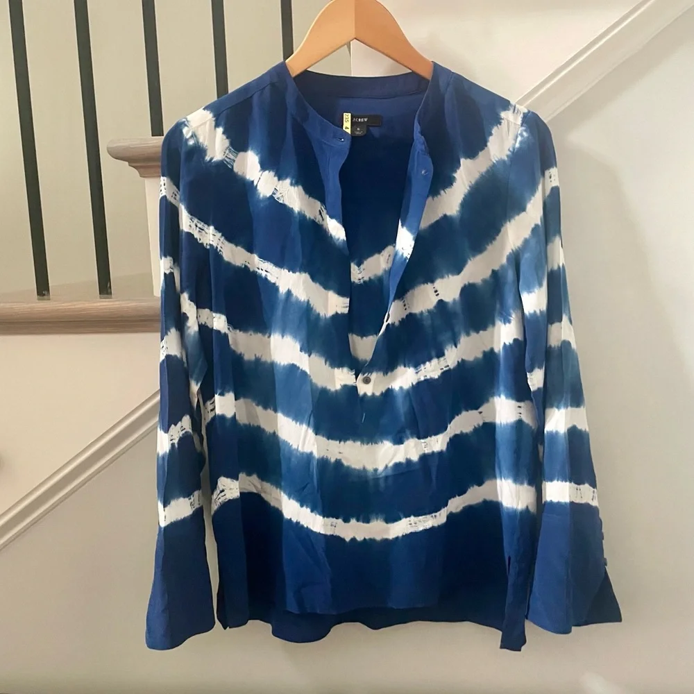 J.Crew 100% Silk Tie Dyed Shibori LS Tunic Popover Blue - Sz Small